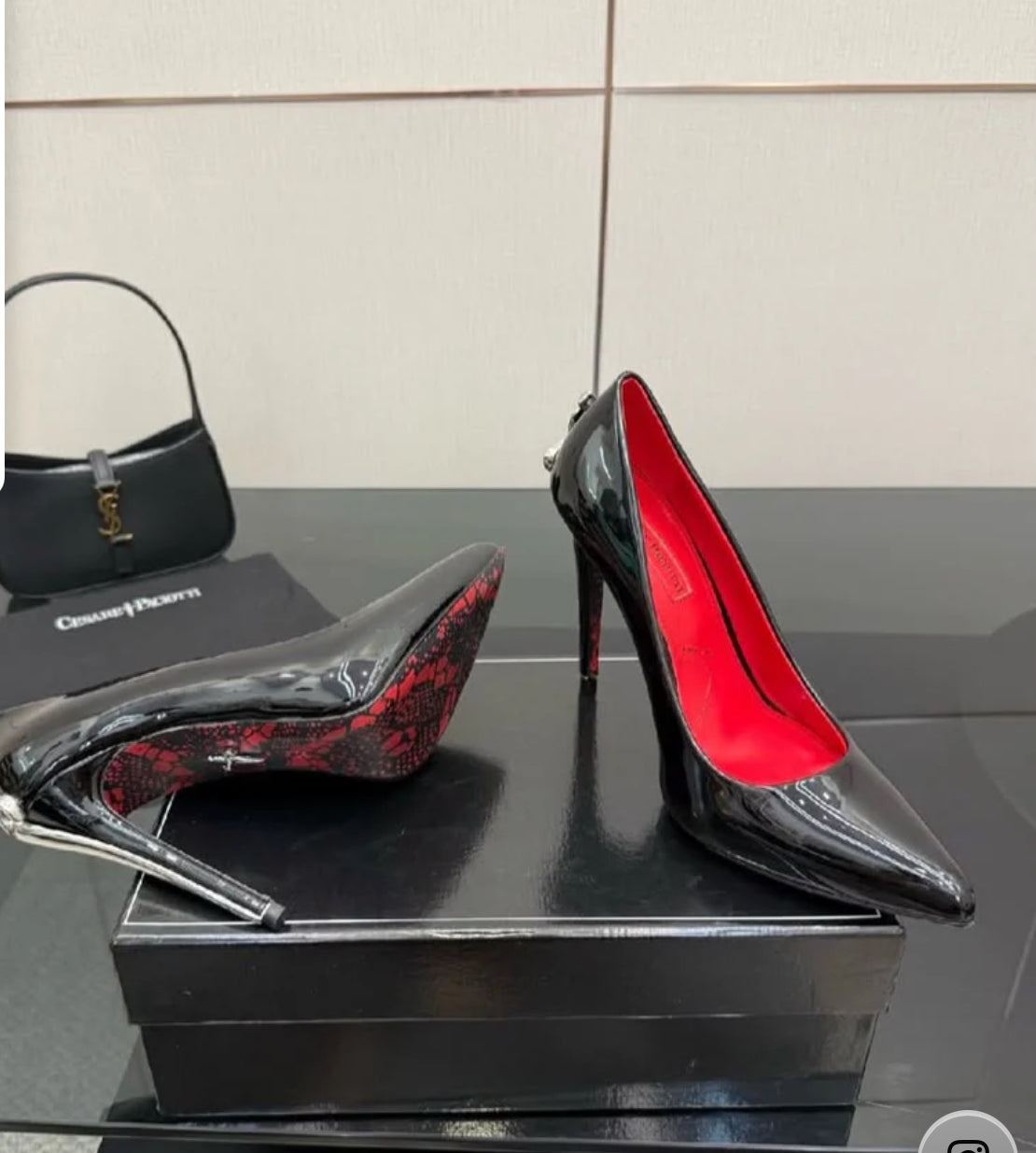 Cesare Paciotti black patern leather dagger-heel pumps