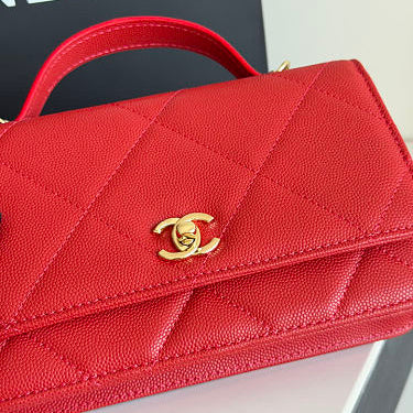 Red Quilted Top Handle Flap with Chain Women Bags-Genuine Leather
