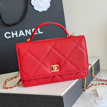 Red Quilted Top Handle Flap with Chain Women Bags-Genuine Leather