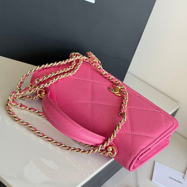 Pink Quilted Top Handle Flap  with Chain Women Bag - Genuine Leather