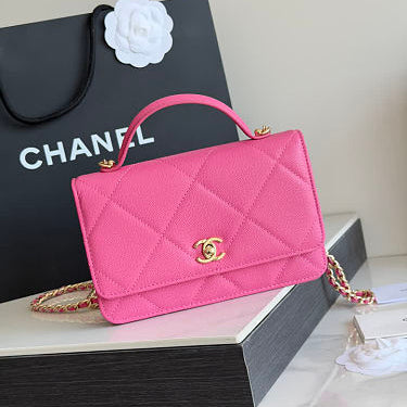 Pink Quilted Top Handle Flap  with Chain Women Bag - Genuine Leather